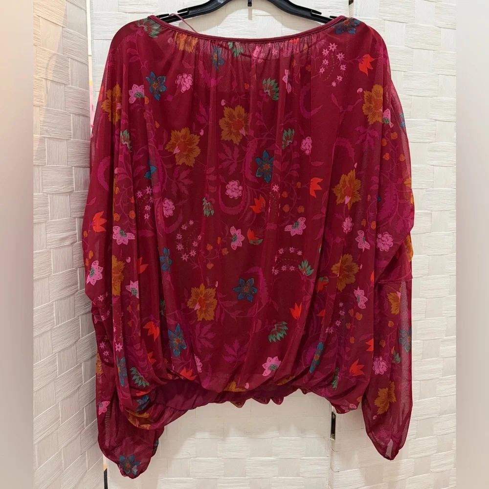 Free People Boho Floral Balloon Sleeve Blouse Burgundy Peasant Top Size M